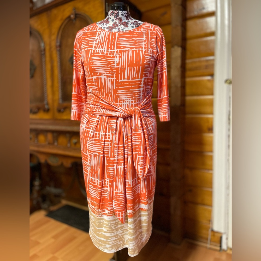 Jones New York Orange Print Tie-Waist Midi Career Dress 12